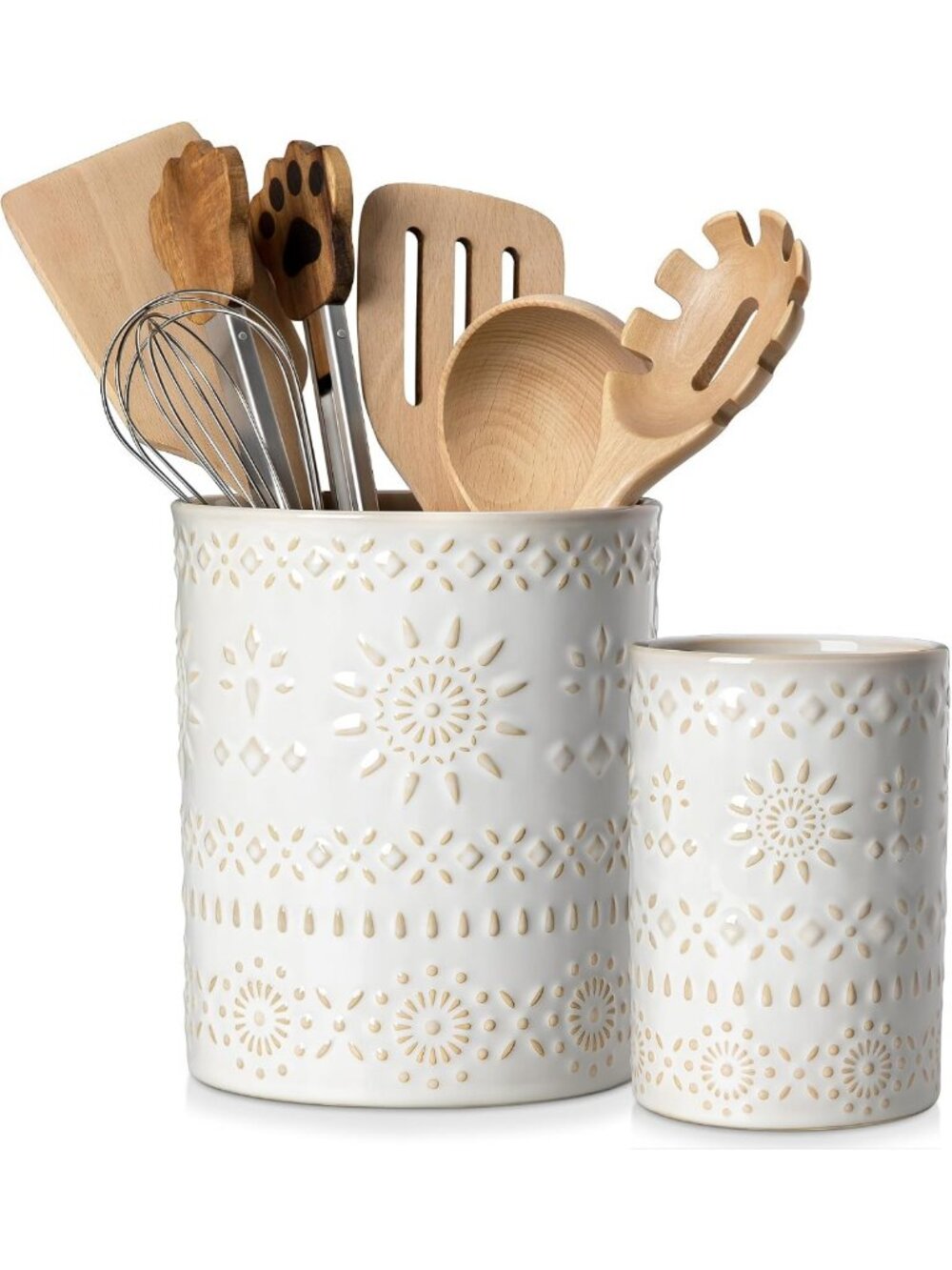 Stylish Ceramic Utensil Holder Set of 2 - Kitchen Crocks for Organization